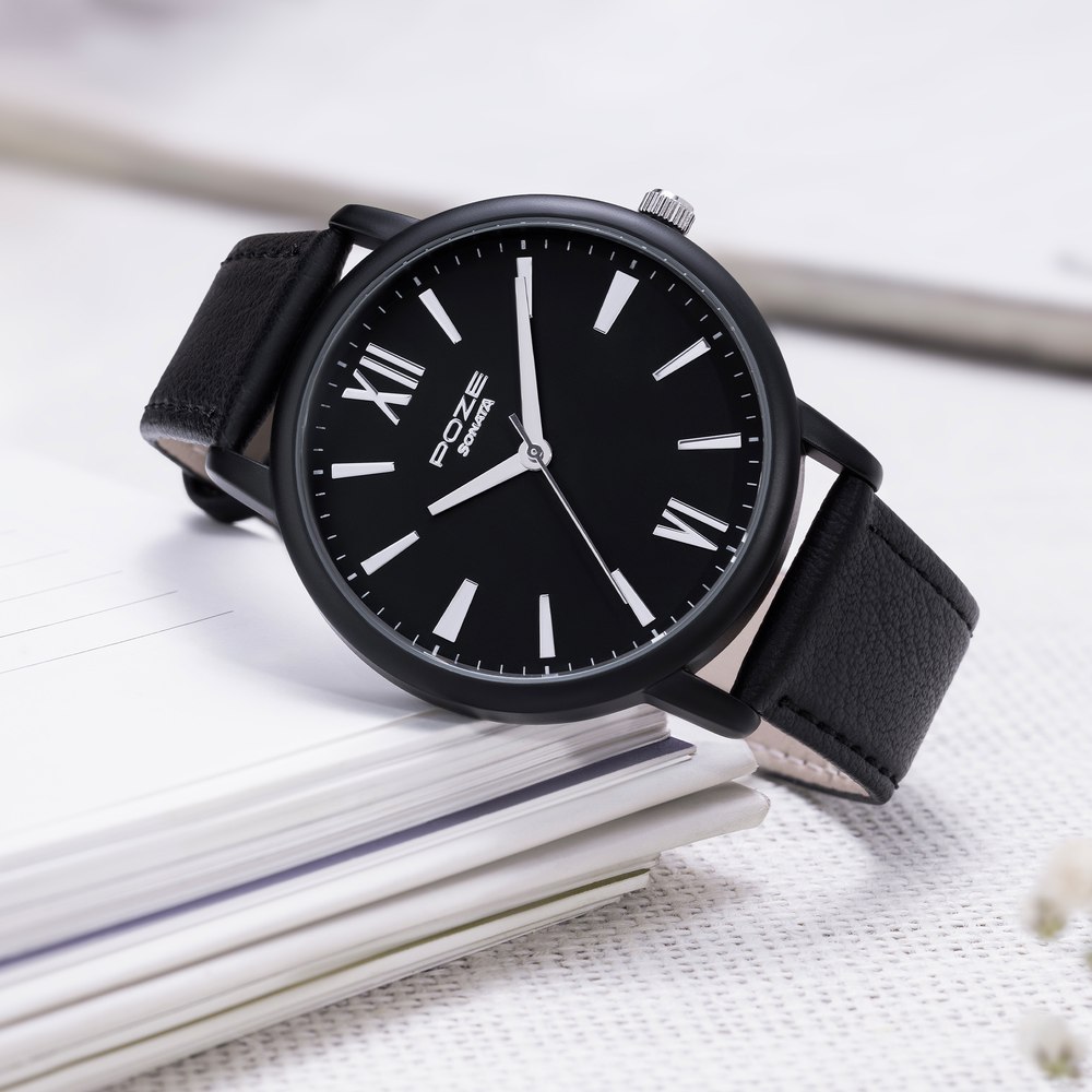 Buy Online Sonata Poze Quartz Analog Black Dial Leather Strap Watch for Men sp70039kl01w Titan