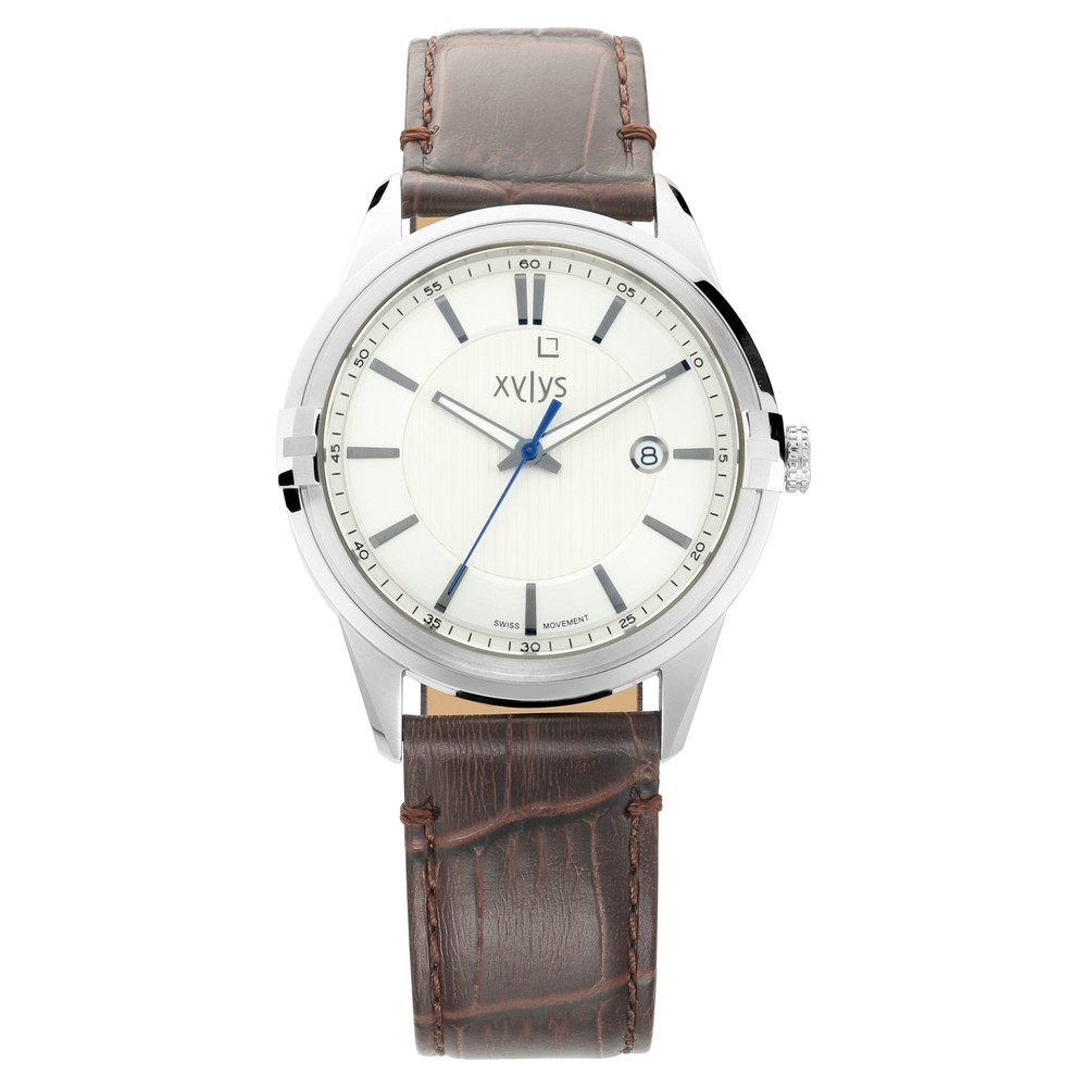 Buy Online Xylys Swiss Analog with Date Brown Leather Strap Silver