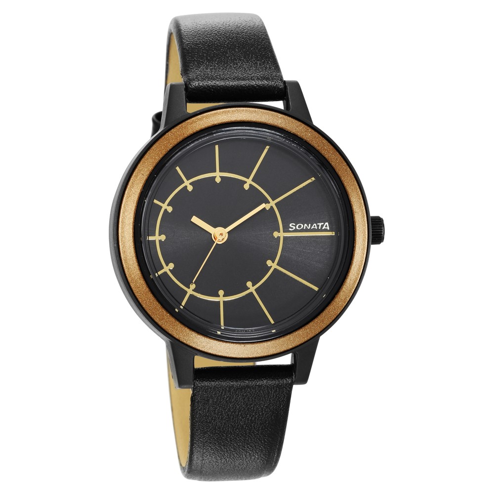 Buy Online Sonata Pop Black Dial Women Watch With Leather Strap