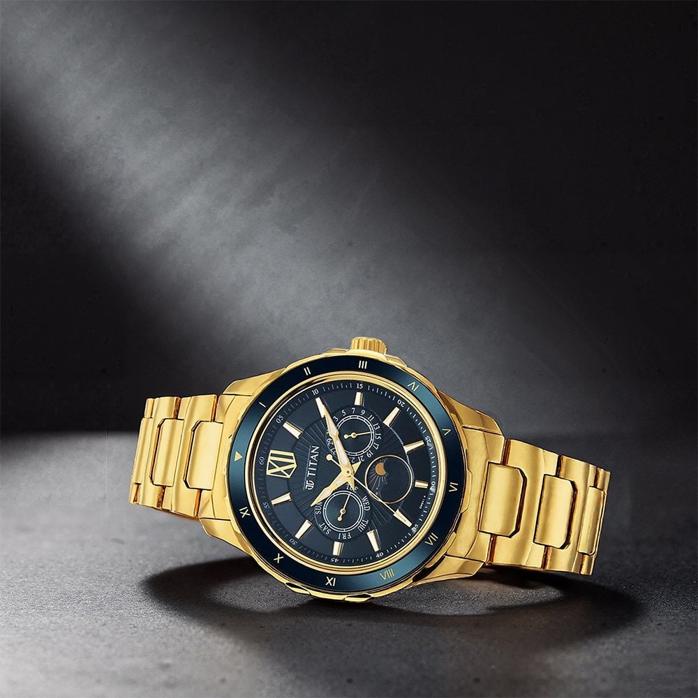 Buy Online Titan Regalia Premium Green Dial Quartz Multifunction Stainless  Steel Strap watch for Men nt1688km05 Titan India - Main Image