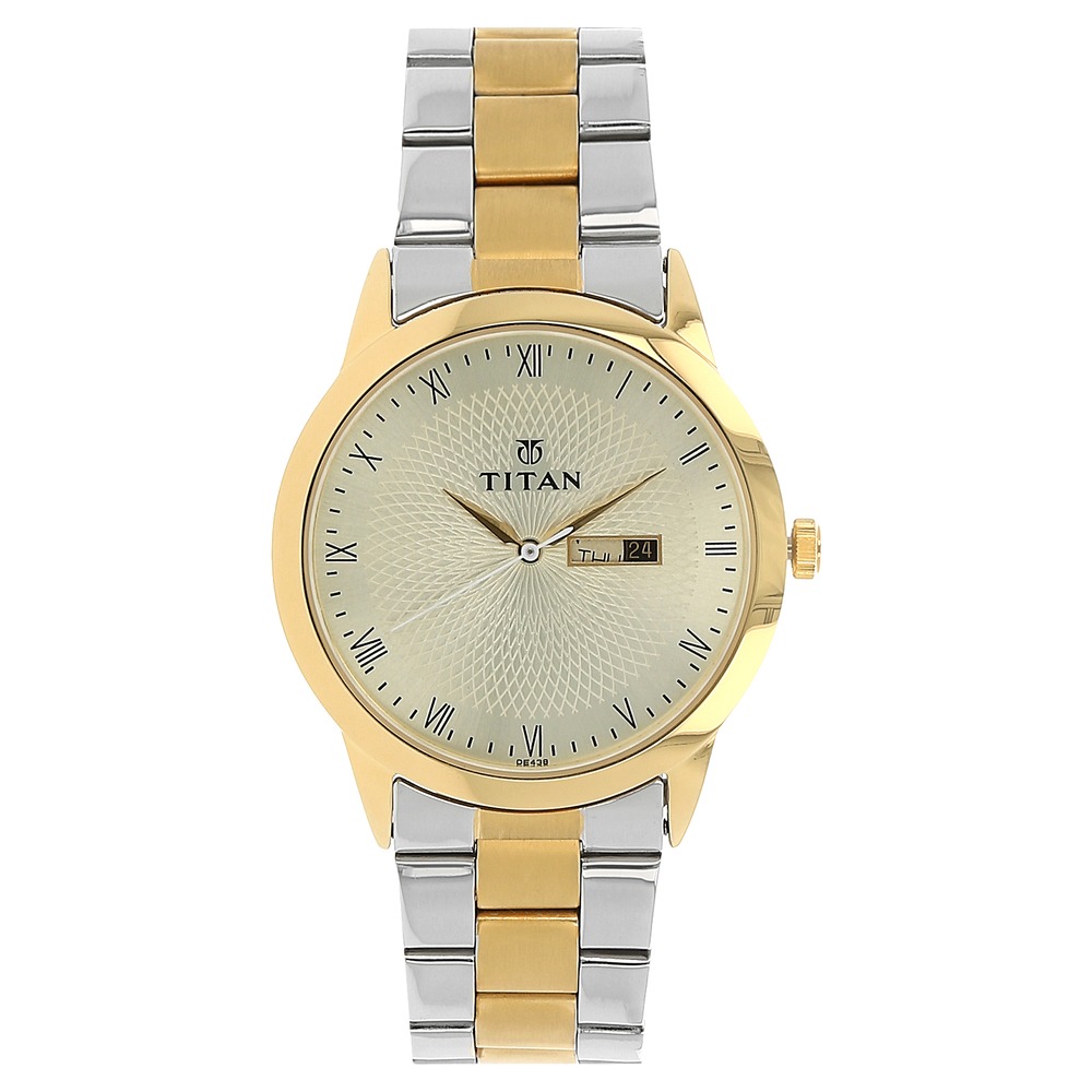 Buy Online Titan Quartz Analog with Day and Date Champagne Dial Stainless Steel Strap Watch for Men nk1584bm01 Titan