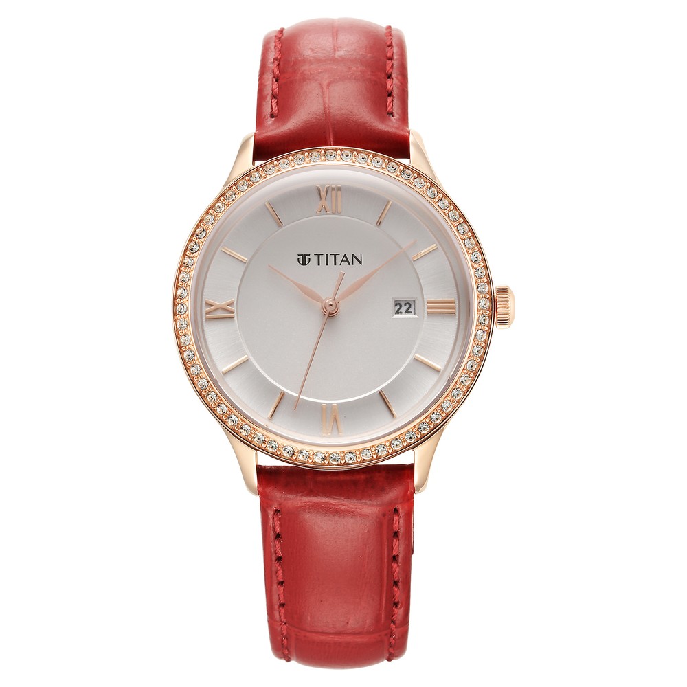 Buy Online Titan Bright Leathers Silver Dial Analog with Date Red Leather Strap Watch for Women ns95247wl01 Titan
