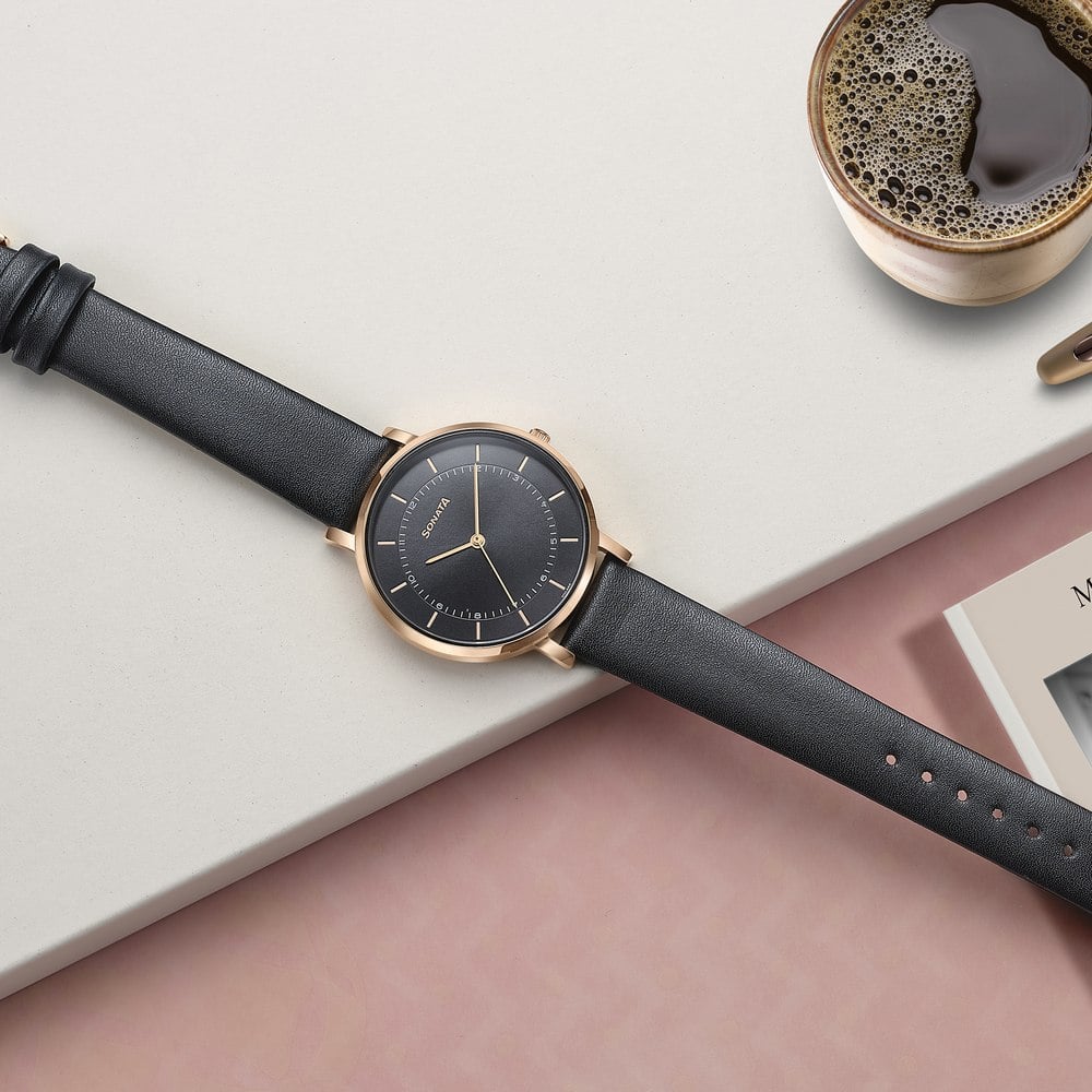Buy Online Sonata Modern Edit Quartz Analog Black Dial Leather