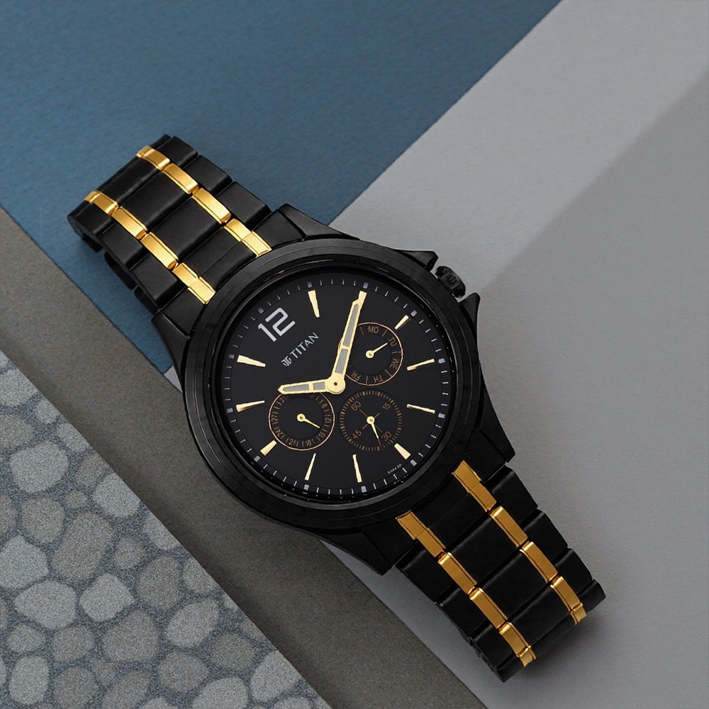 Buy Online Titan Black and Gold Black Dial Quartz Multifunction