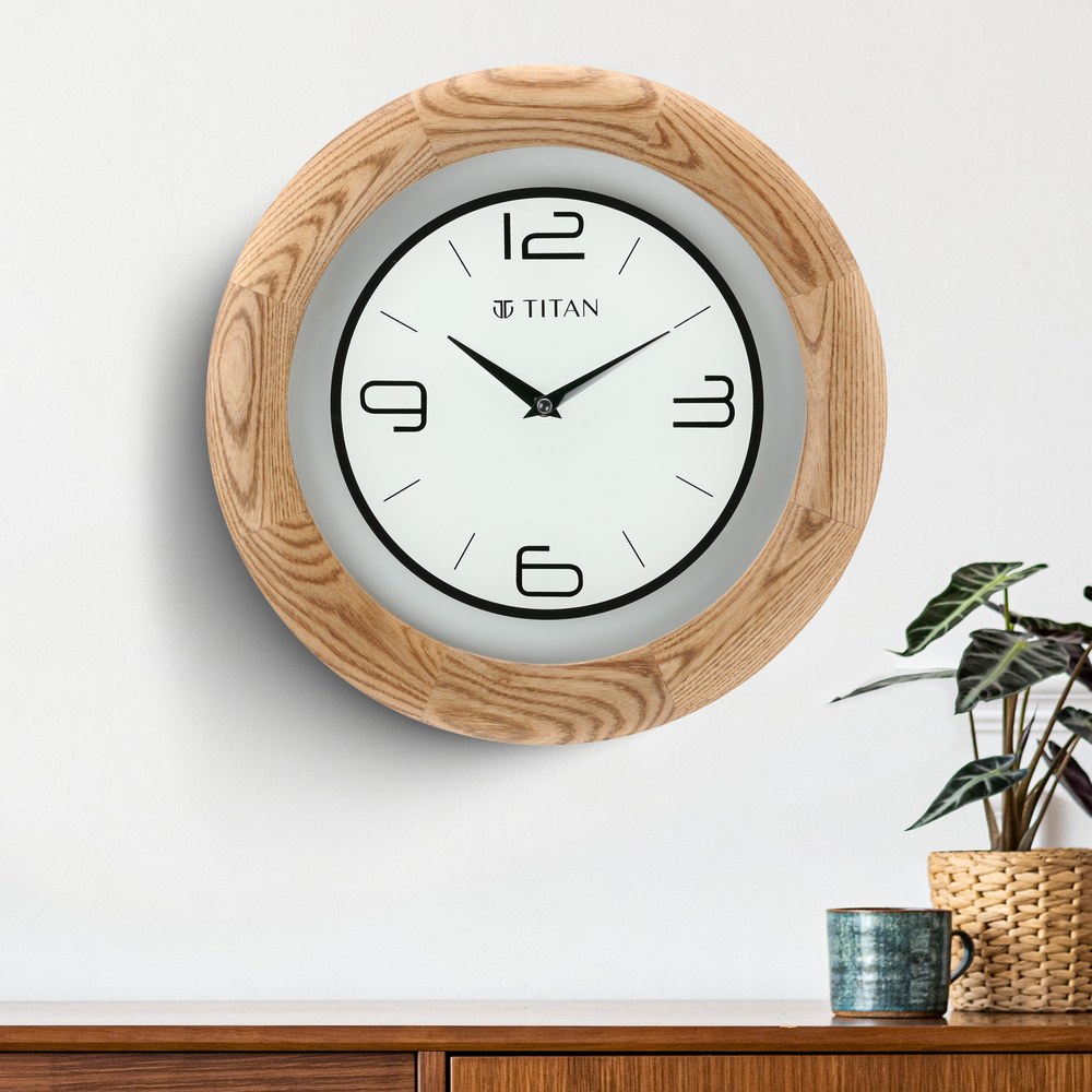 Buy Online Titan Wooden Brown Wall Clock with Glass Dial - 31.8 cm
