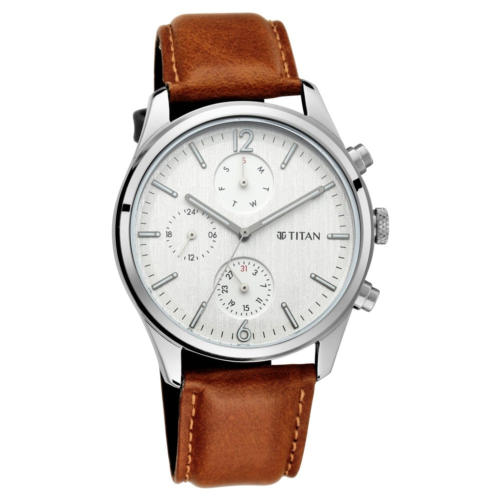 Titan Men s Metropolitan Charm Men s Multifunctional Black Watch with Leather Strap