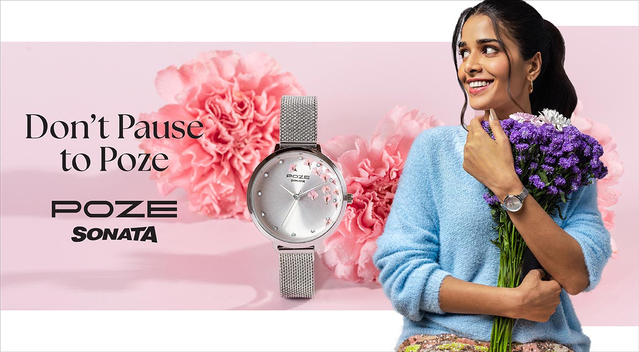 Buy Online Sonata Poze Quartz Analog Pink Dial Metal Strap Watch