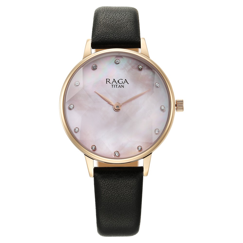 Buy Online Titan Raga Showstopper Quartz Analog Mother Of Pearl Dial Leather Strap Watch for Women 95274wl01 p Titan
