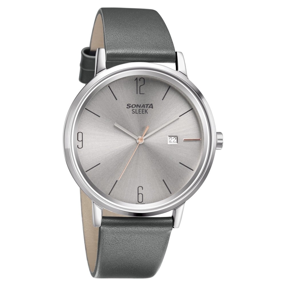 Buy Online Sonata Quartz Analog with Date Grey Dial Leather Strap