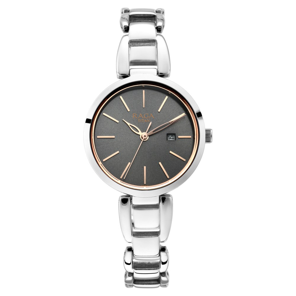 Buy Online Titan Raga Viva Grey Dial Analog with Date Silver Metal Strap Watch for Women ns2642sm01 Titan