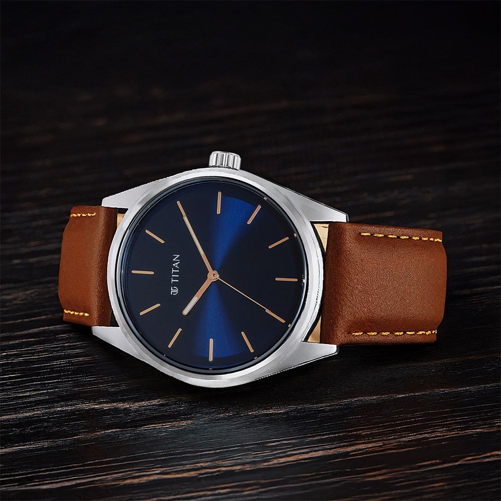 Buy Online Titan Quartz Analog Blue Dial Leather Strap Watch for