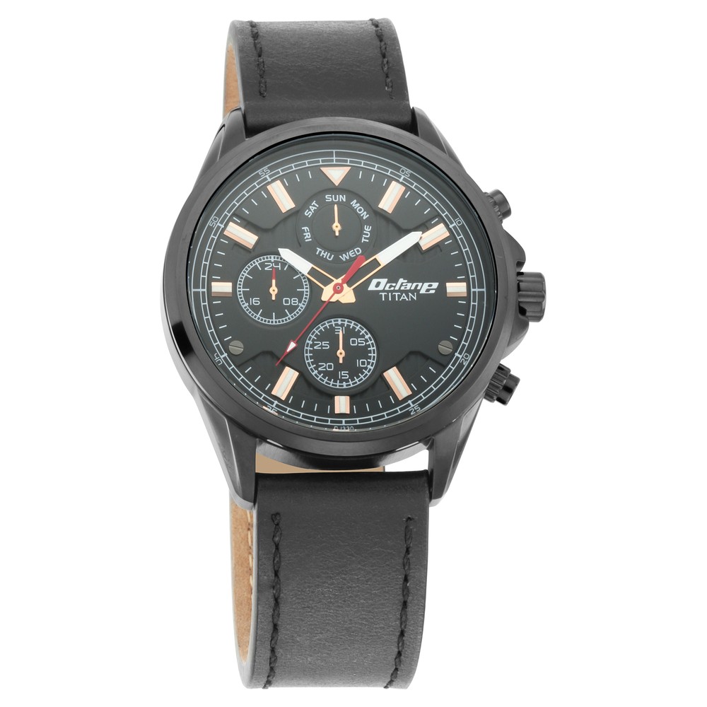 Buy Online Titan Quartz Multifunction Black Dial Leather Strap