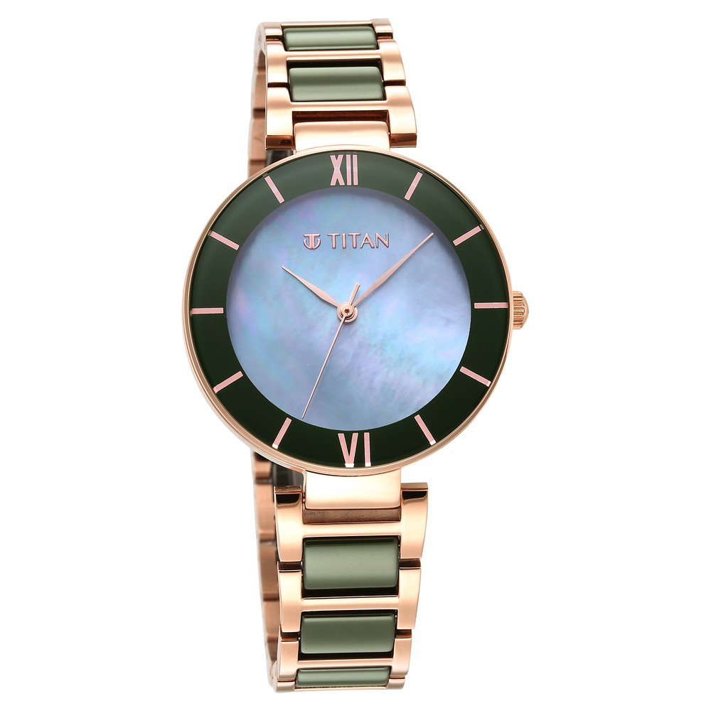 Buy Online Purple Ceramics Green Dial Steel & Ceramic Strap Watch
