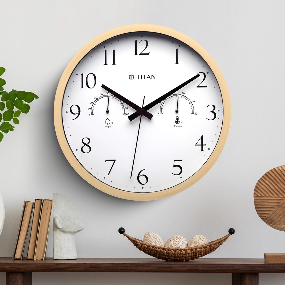 Buy Online Titan Chic 30 cm Wooden Wall Clock with Smart Climate
