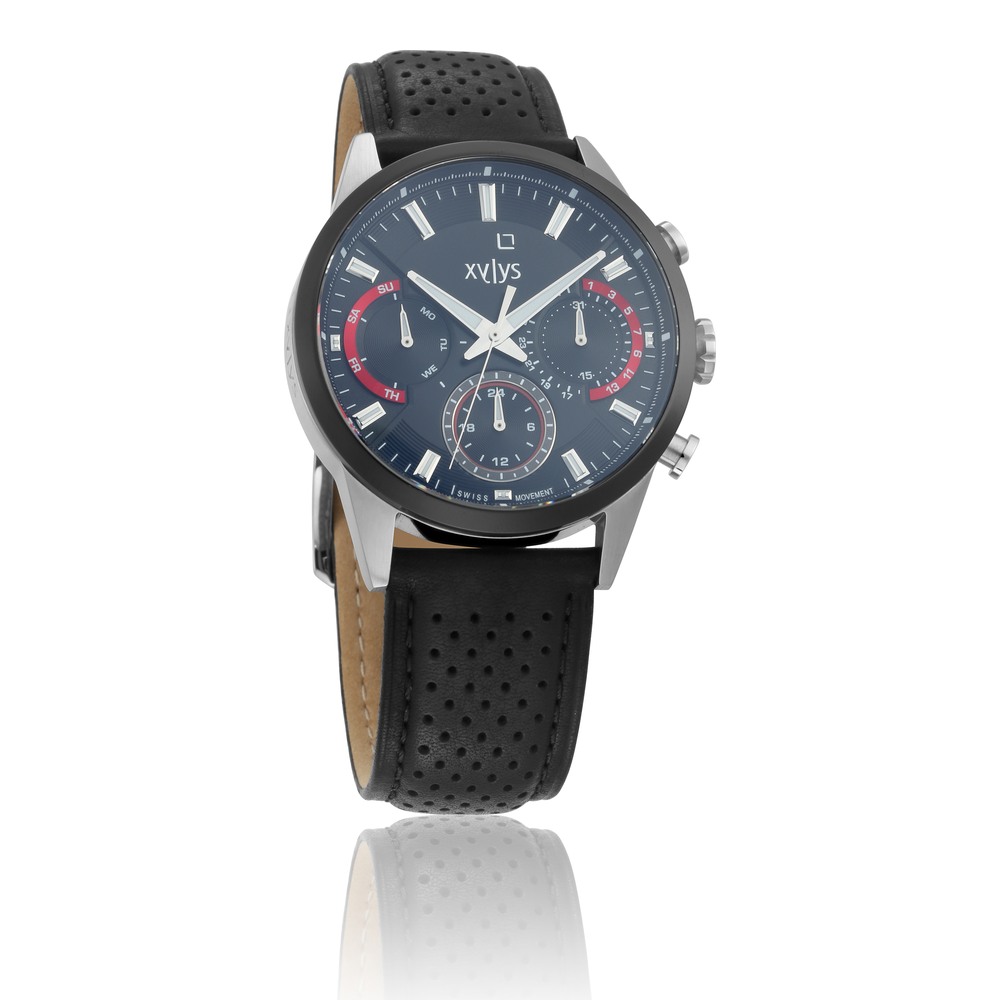 Buy Online Xylys Swiss Multifunction Black Leather Strap and Blue