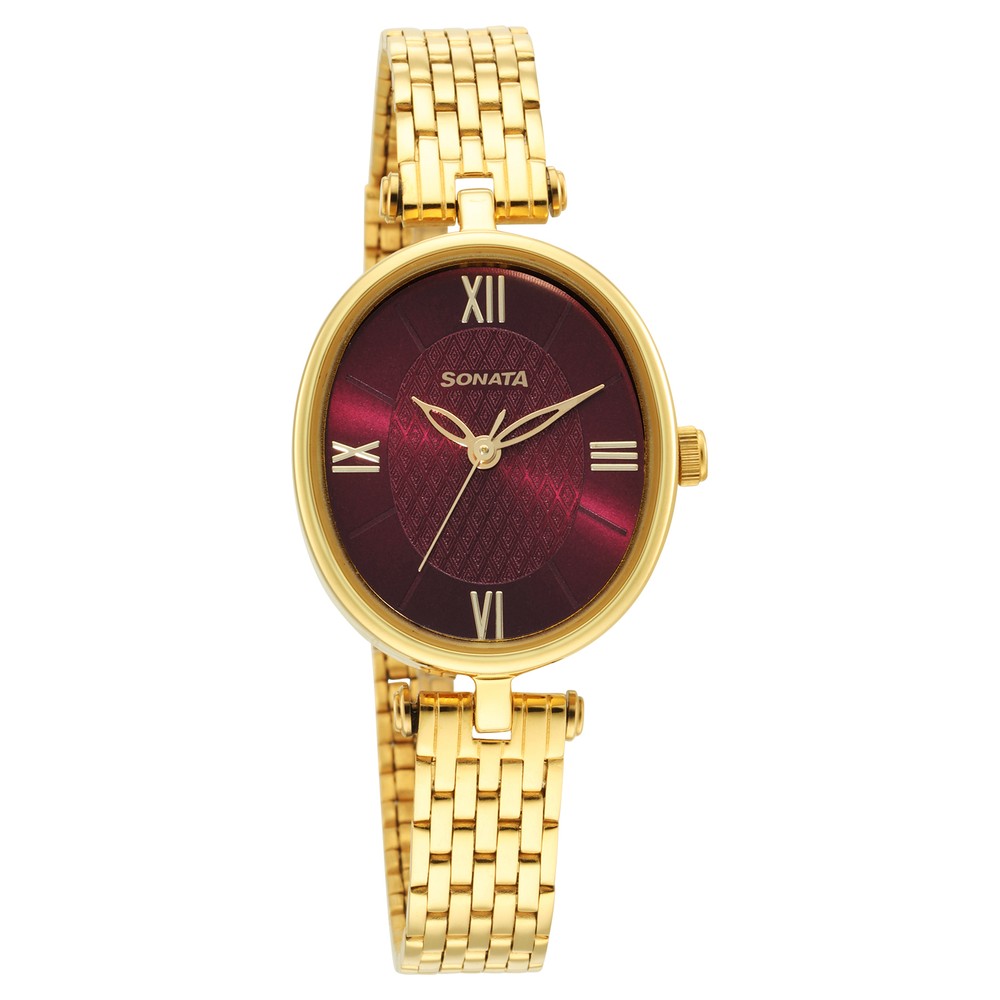 Buy Online Sonata Classic Gold Maroon Dial Metal Strap Watch for Women ns8181ym01 Titan