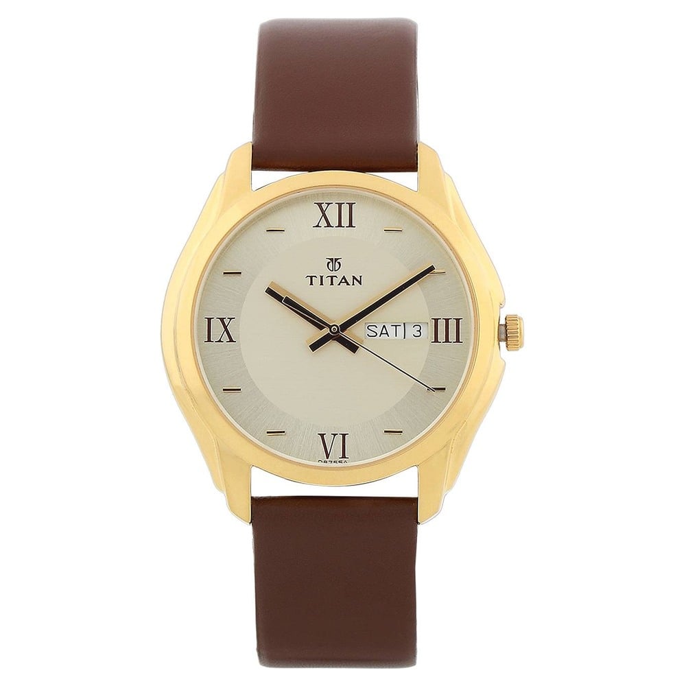 Buy Online Titan Quartz Analog with Day and Date Champagne Dial Watch for Men ne1578yl05 Titan
