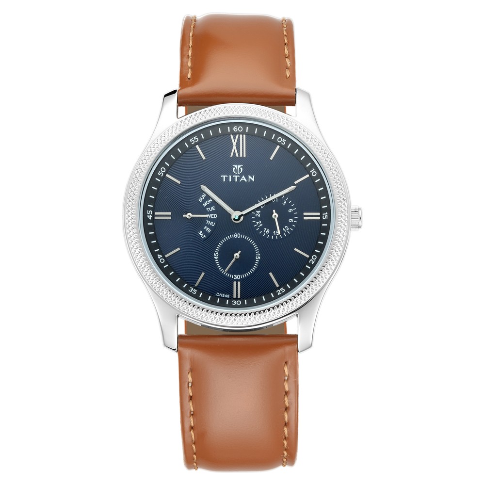 Buy Online Titan Quartz Multifunction Blue Dial Leather Strap