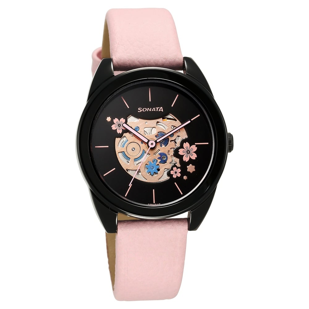 Buy Online Sonata Unveil Quartz Multifunction Black Dial Leather Strap Watch for Women 8182nl03 Titan