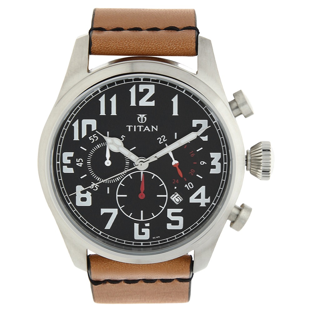 Buy Online Titan Chronograph Black Dial Quartz Leather Strap watch