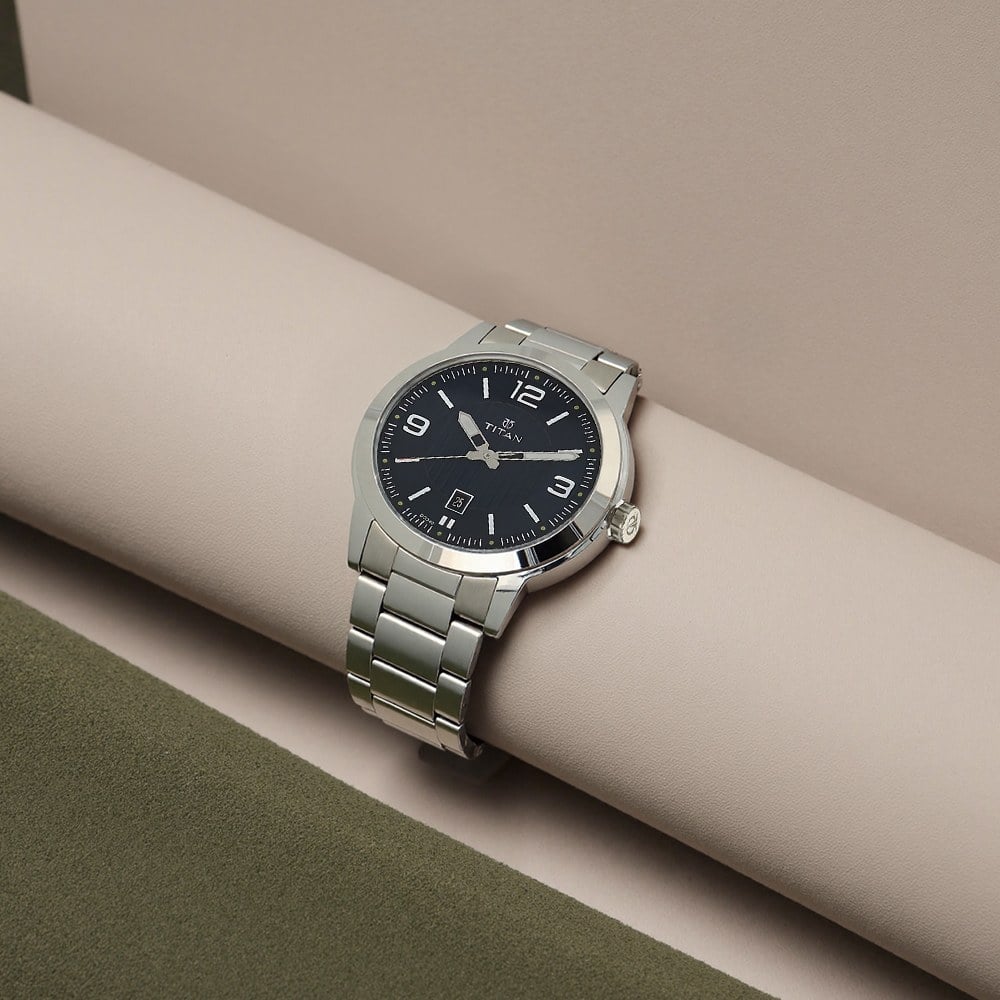 Titan Men's Urban Refinement: Sleek Blue Dial with Silver Stainless Steel Strap Watch