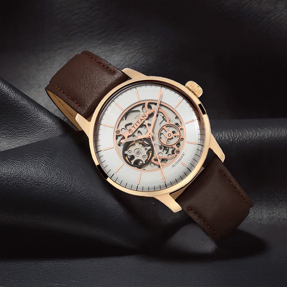 Buy Online Titan Automatic Silver Dial Brown Leather Strap Watch for Men  nt90110wl03 Titan India