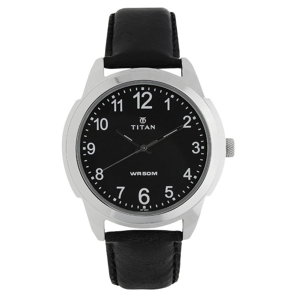 Buy Online Titan Quartz Analog Black Dial Leather Strap Watch for
