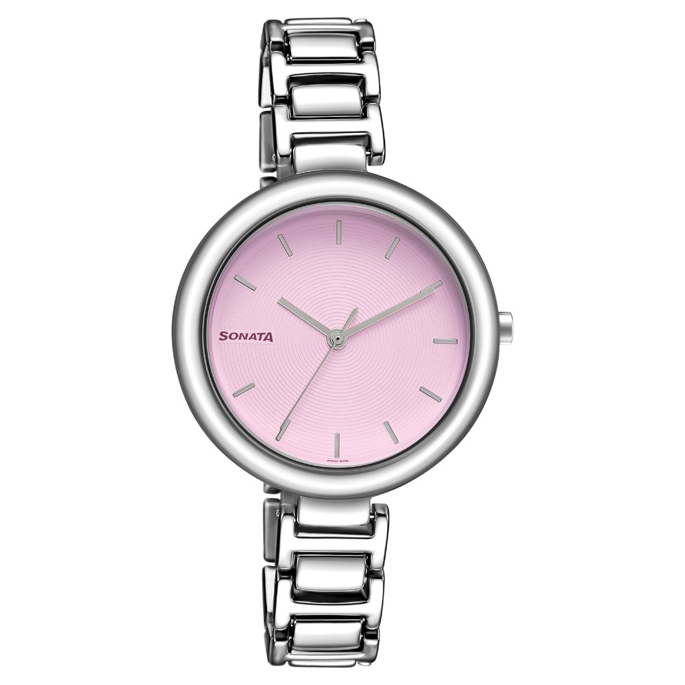 Buy Online Sonata Workwear Pink Dial Women Watch With Metal Strap 8154sm05 Titan