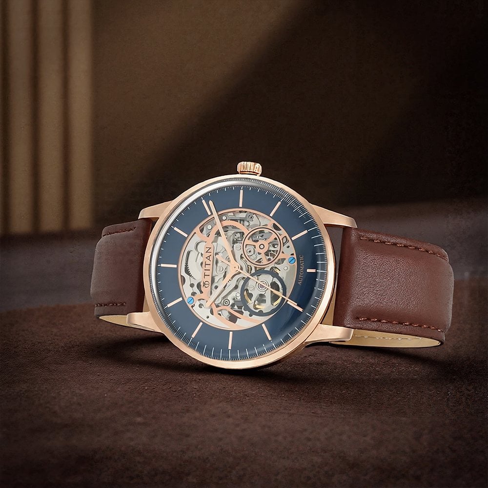 Buy Online Titan Automatics Blue Dial Automatic Leather Strap