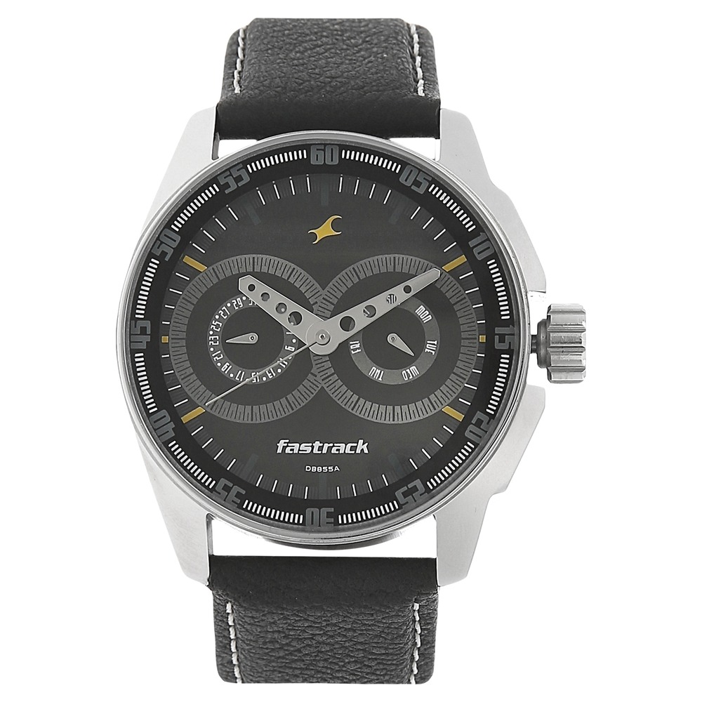 Buy Online Fastrack Quartz Multifunction Black Dial Leather Strap Watch for Guys nm3089sl02 Titan
