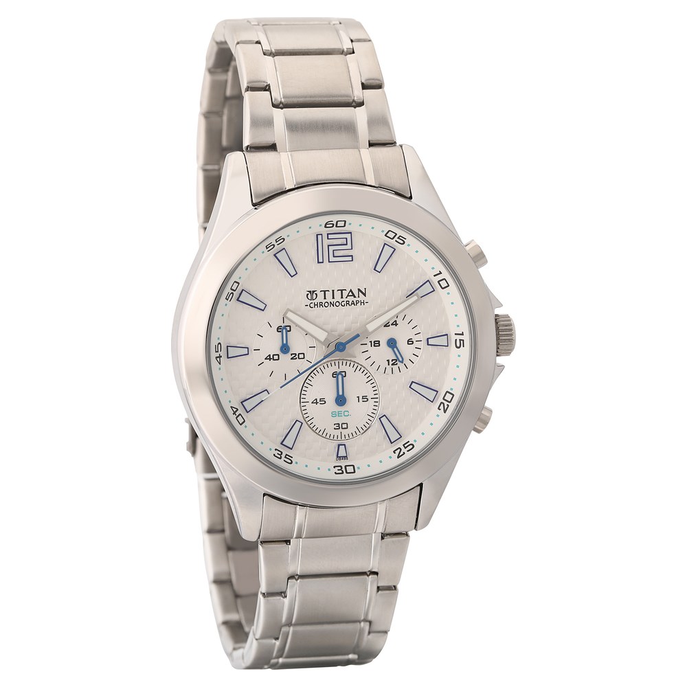 Buy Online Titan Quartz Chronograph White Dial Stainless Steel Strap Watch for Men ns9323sm07 Titan