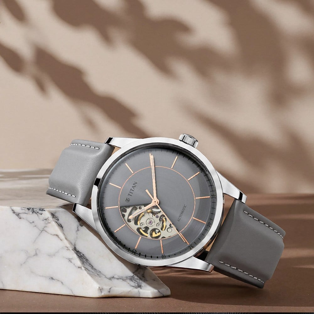 Buy Online Titan Automatic Sectoral Grey Dial Grey Leather Strap