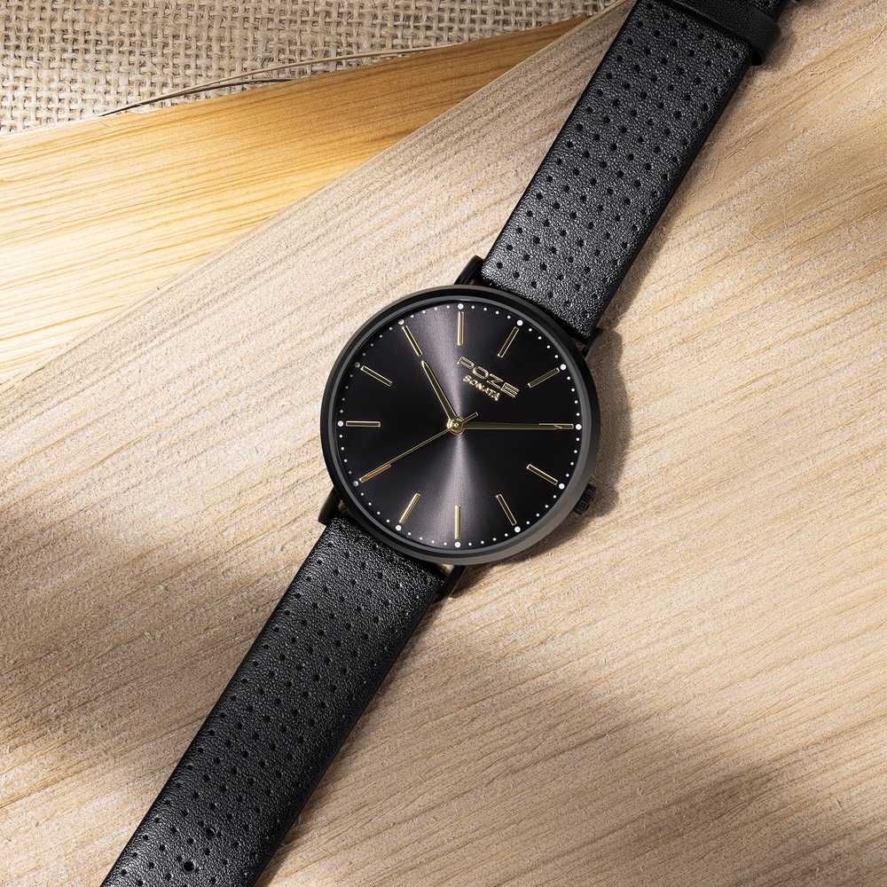 Buy Online Sonata Poze Quartz Analog Black Dial Leather Strap