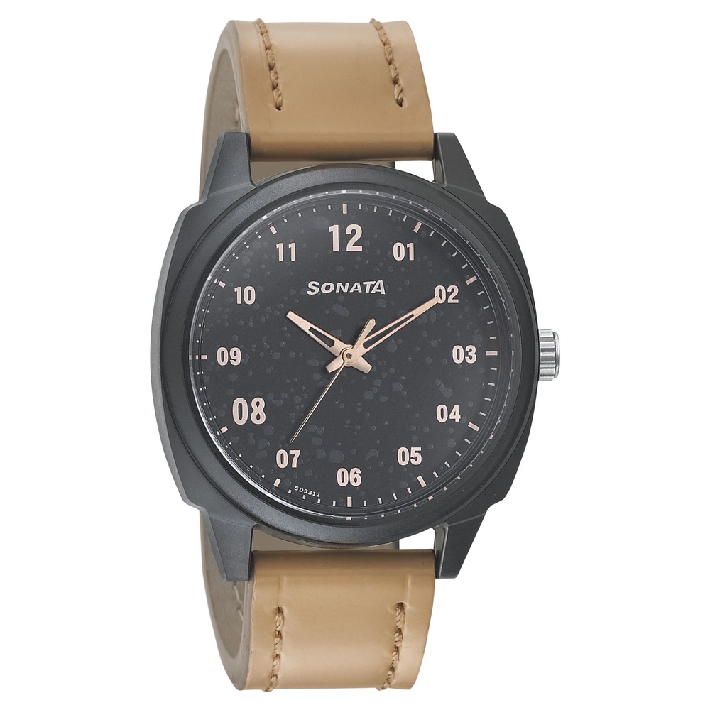 Buy Online Sonata Quartz Analog Black Dial Leather Strap Watch for