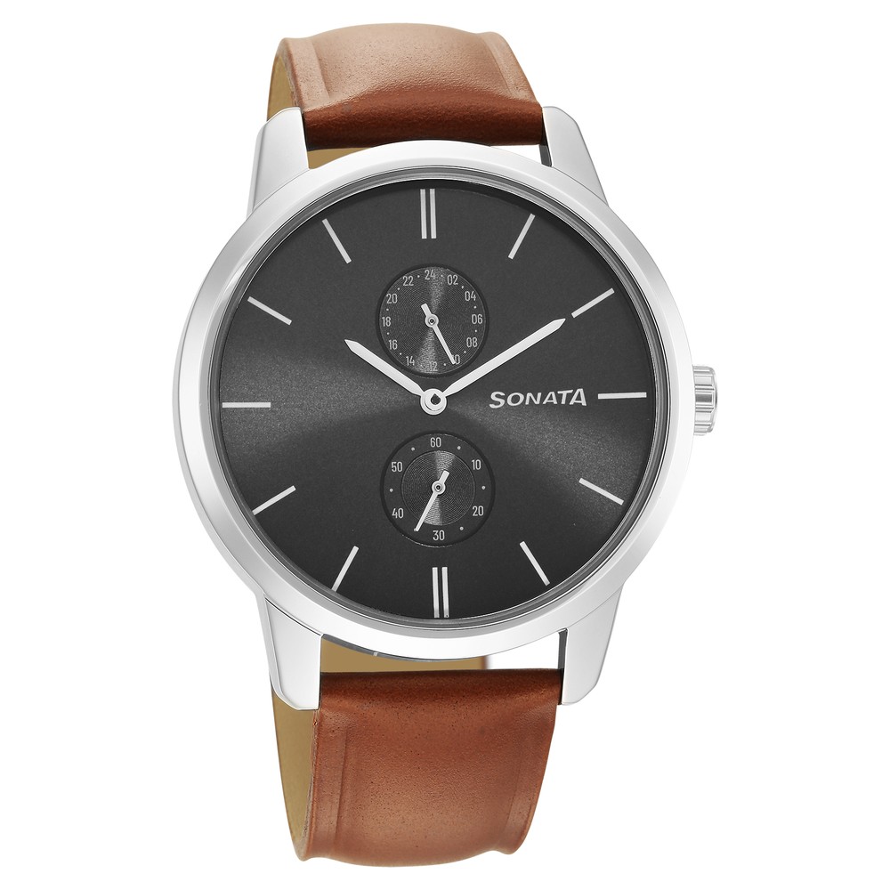 Buy Online Sonata Quartz Multifunction Grey Dial Leather Strap