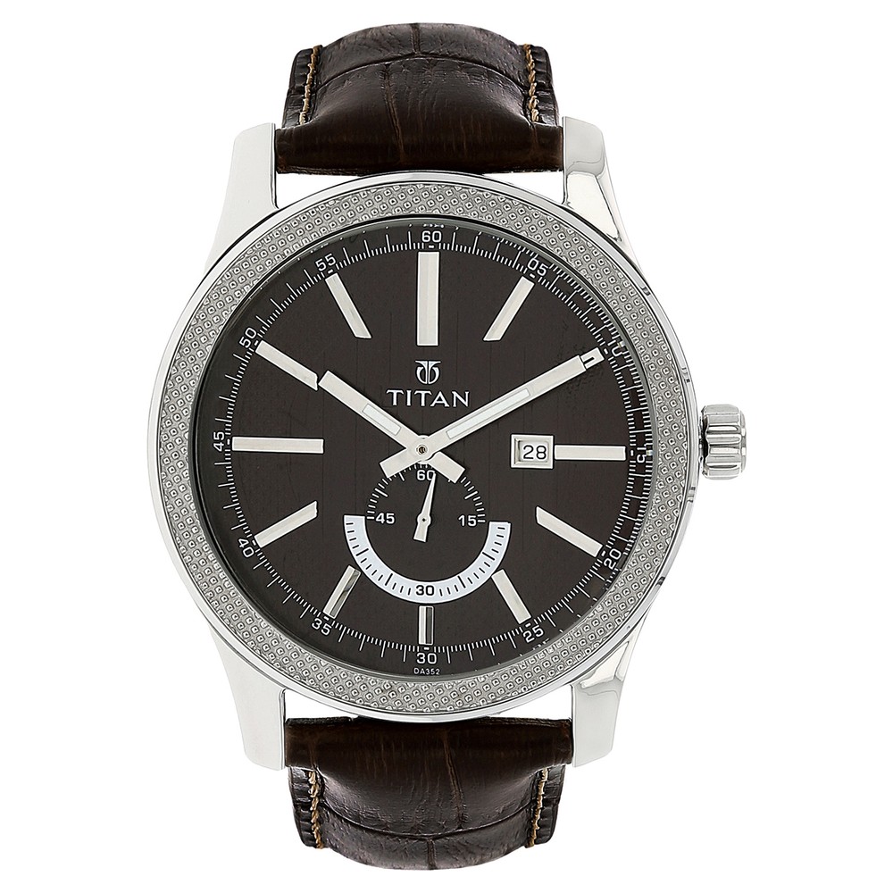 Buy Online Titan Quartz Analog with Date Brown Dial Leather Strap