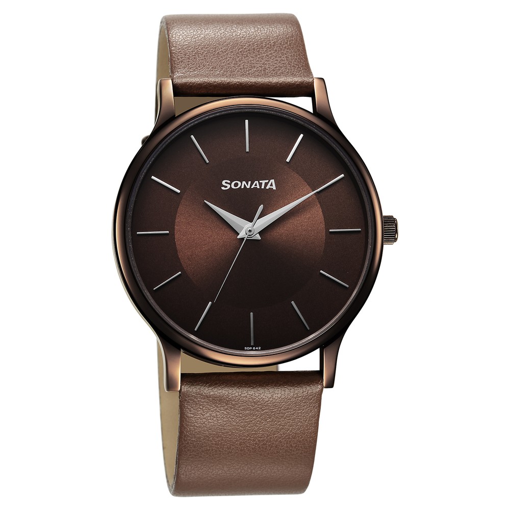 Buy Online Sonata Aspire Quartz Analog Brown Dial Leather Strap