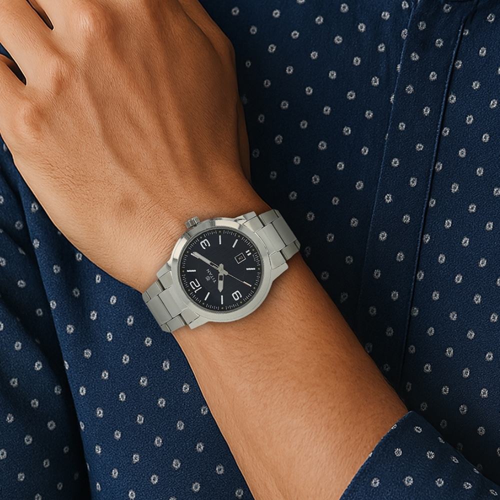 Titan Men's Urban Refinement: Sleek Blue Dial with Silver Stainless Steel Strap Watch - Photo 5