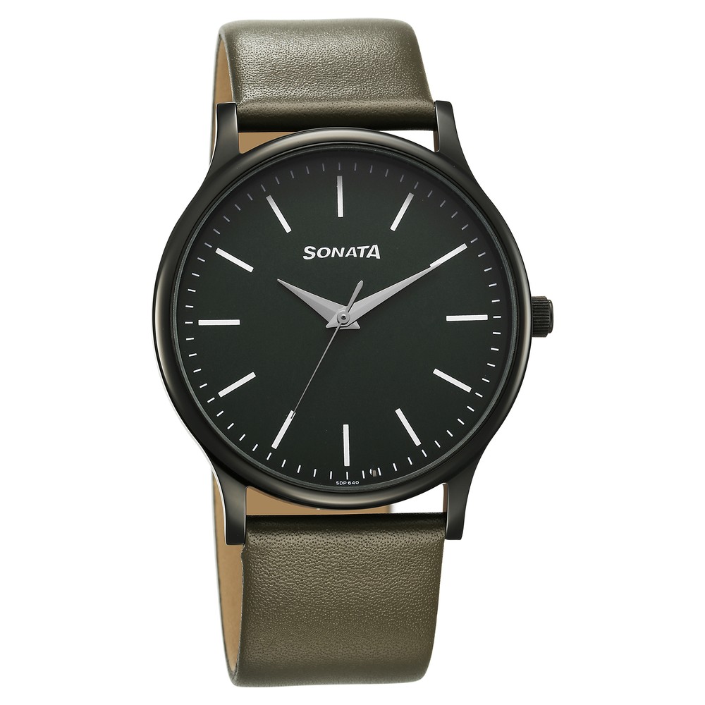 Buy Online Sonata Aspire Quartz Analog Green Dial Leather Strap
