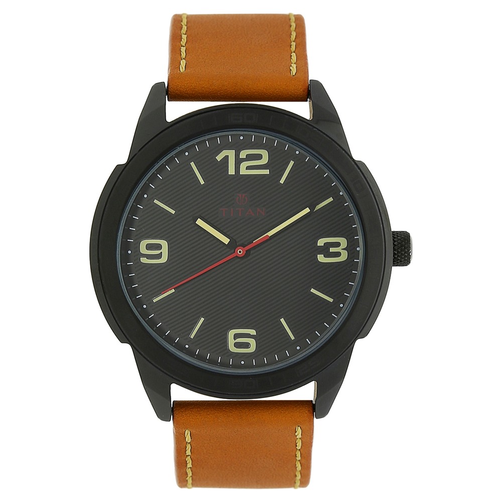 Buy Online Titan Quartz Analog Black Dial Leather Strap Watch for