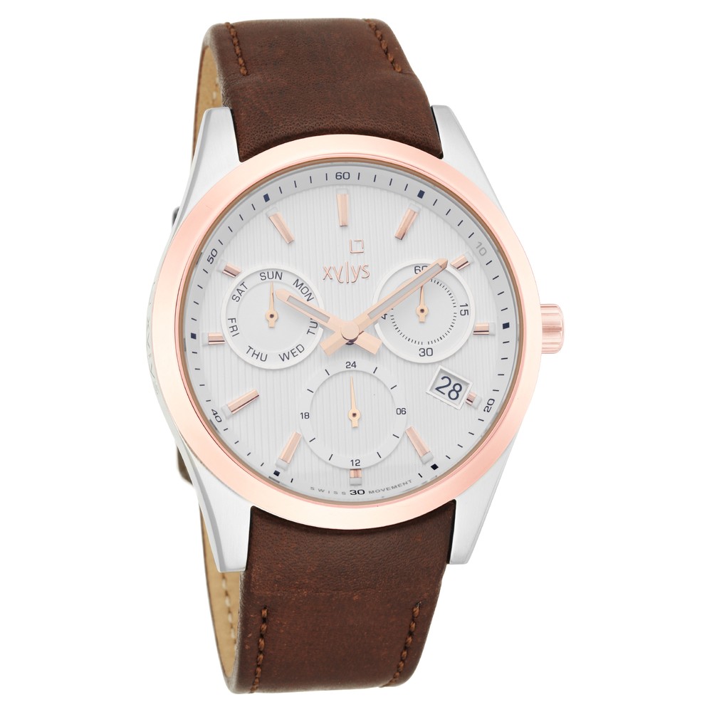 Buy Online Xylys Swiss Multifunction Brown Leather Strap White