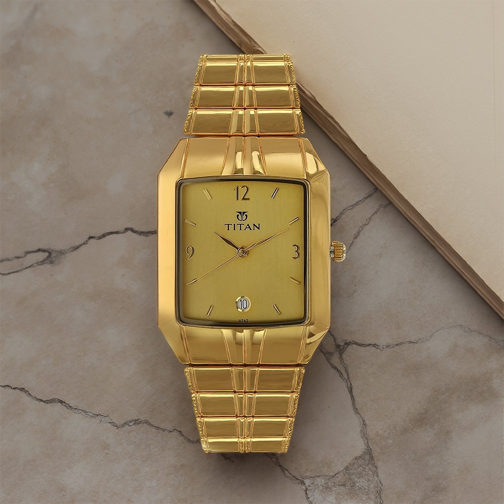 Buy Online Titan Analog with Date Golden Dial Metal Strap watch