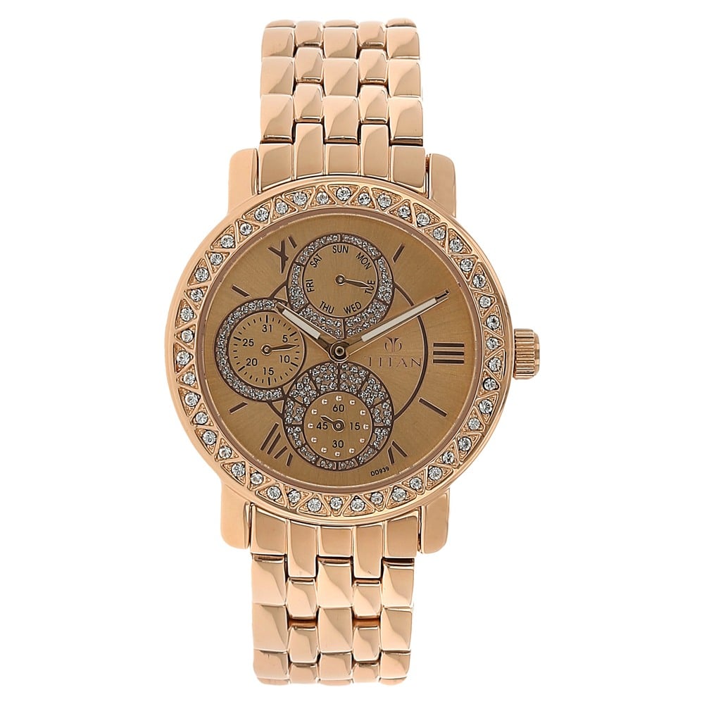 Buy Online Titan Quartz Analog with Day and Date Rose Gold Dial Metal Strap Watch for Women ns9743wm01 Titan