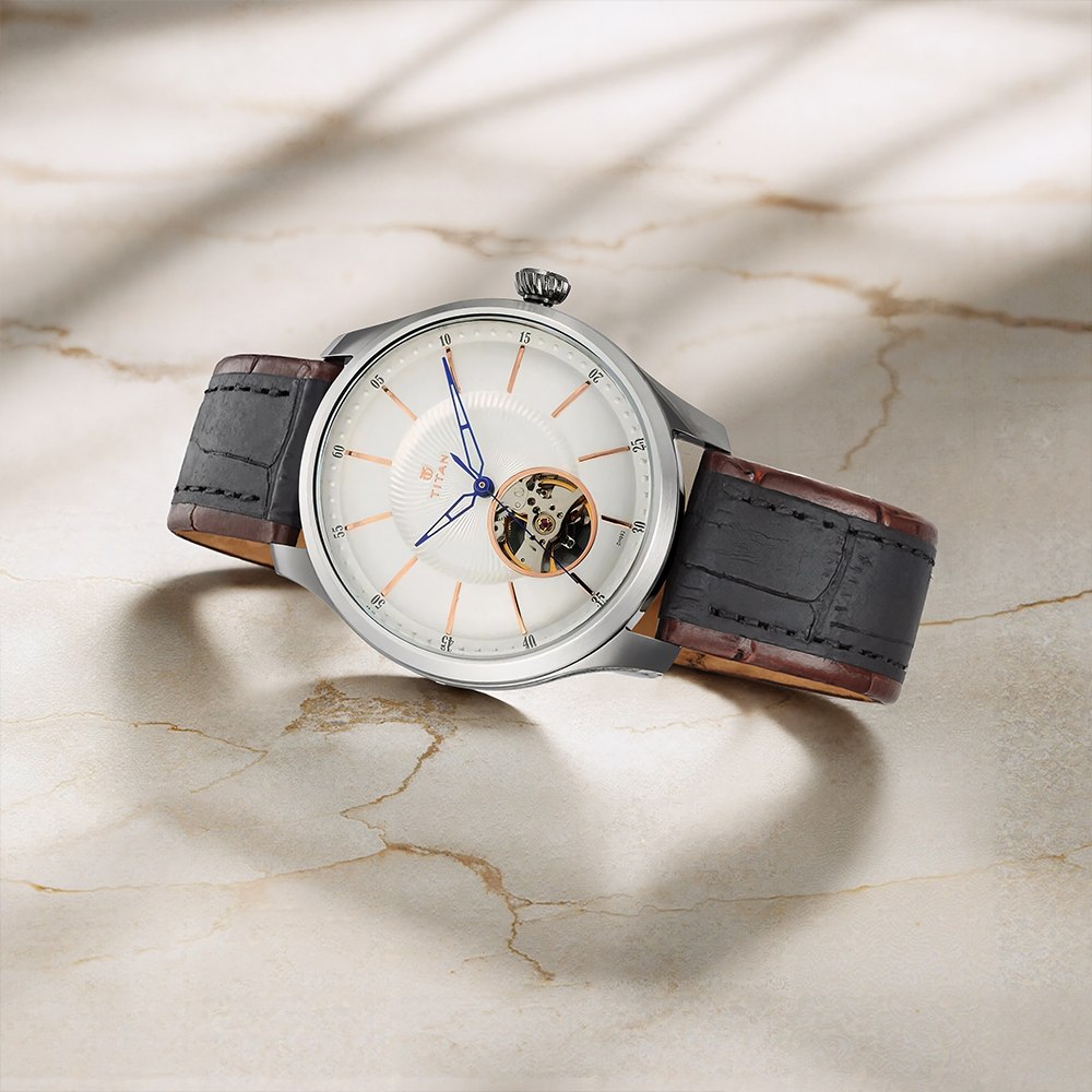 Buy Online Titan Magnate Automatic White Dial Blue Leather Strap