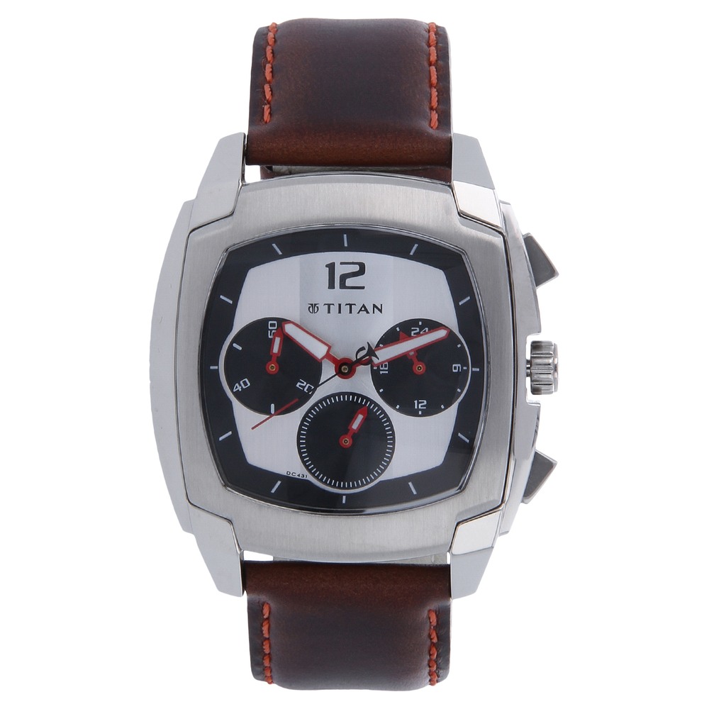 Buy Online Titan Quartz Chronograph Silver Dial Leather Strap