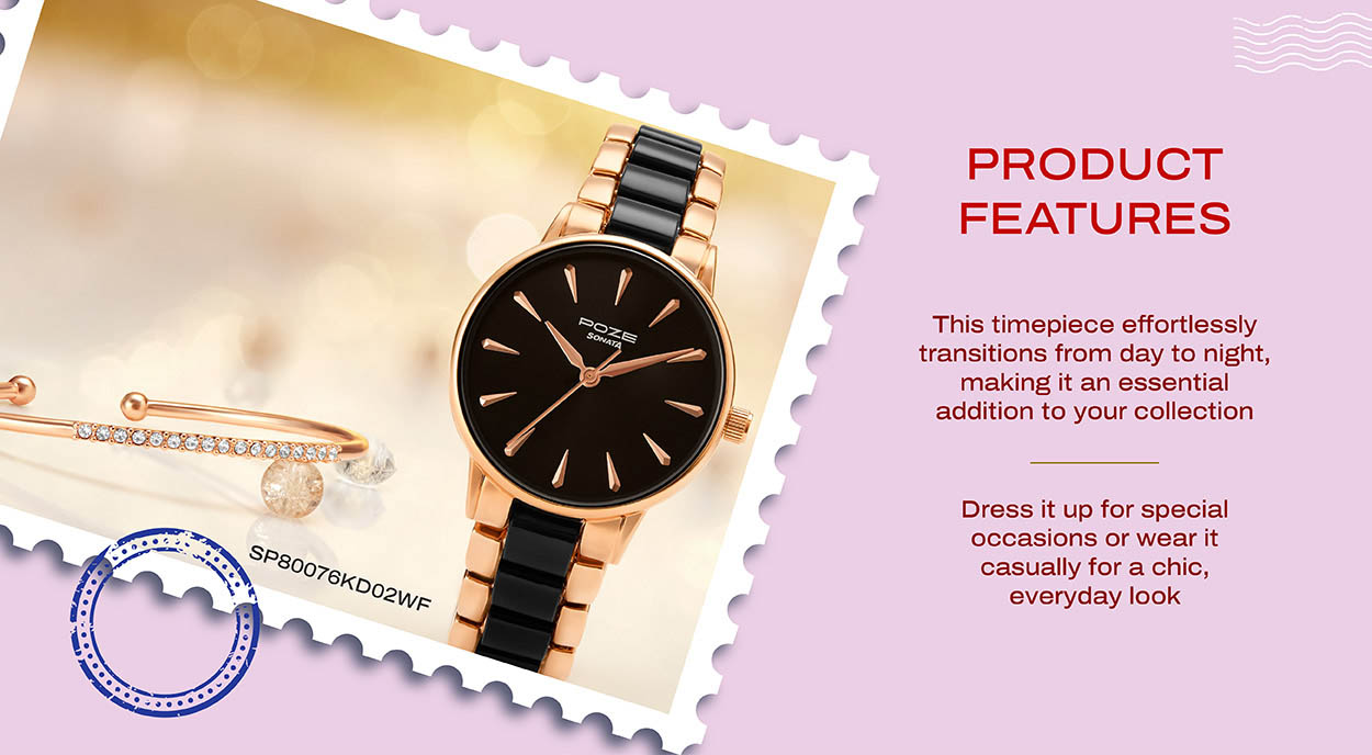 Buy Online Sonata Poze Quartz Analog Black Dial Black | Rose Gold